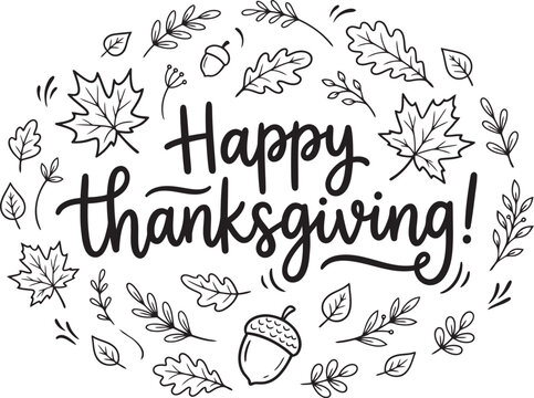 Happy Thanksgiving text with autumn leaves and acorns in a decorative oval shape