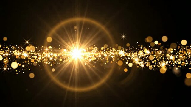 Golden glitter particles wave with lens flare, abstract motion background, for luxury events, and celebration projects