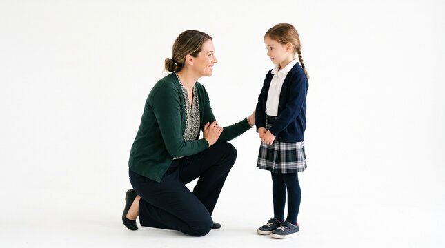 Mother talking to her daughter in school uniform on a white background