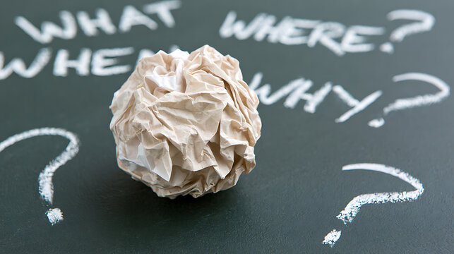 Crumpled paper ball placed on a dark chalkboard background with handwritten question words and question marks representing business problems