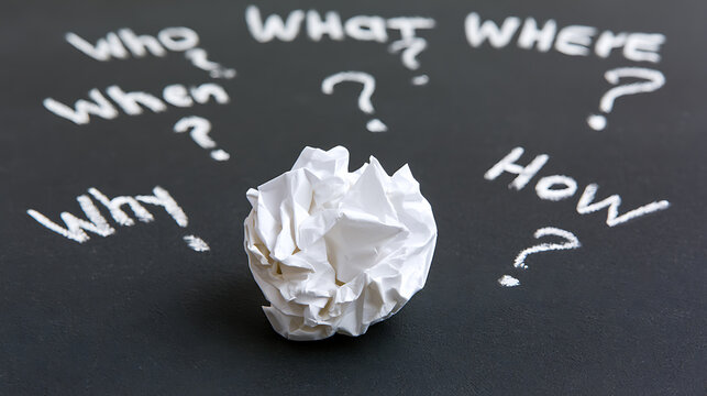 Crumpled white paper ball surrounded by handwritten question words like who, what, where, when, why, and how on a dark blackboard background