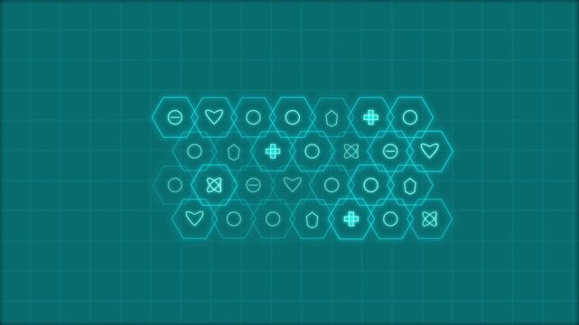 Futuristic glowing HUD interface with hexagonal data nodes and digital symbols on a teal grid