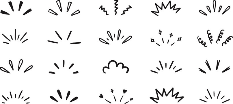 Collection of hand drawn sketchy starbursts and explosion bursts isolated on transparent background
