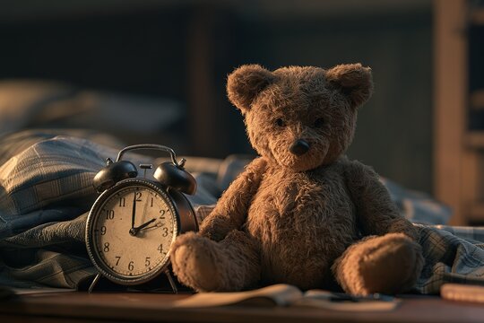 Vintage alarm clock with teddy bear on cozy bed for sleep schedule reminders and childhood bedroom decor theme concepts.