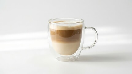 Naklejka premium A glass mug filled with layered coffee latte with milk foam. double walled mug 