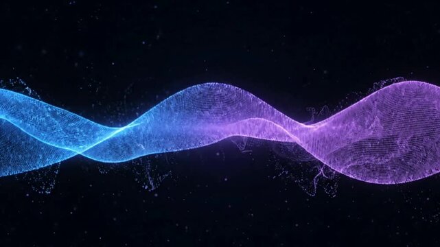 Abstract blue and purple particle wave motion, digital data flow background, futuristic energy stream animation
