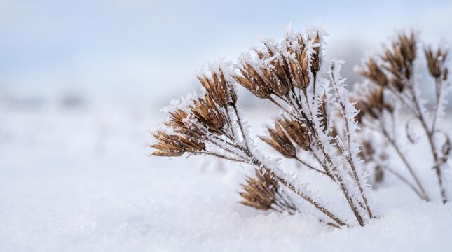 Close-up of frost covered dried seed head emerging from snowy field with ice crystal on stem. Winter botanical texture and cold nature background with copy space for seasonal design