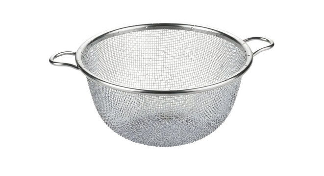 Stainless steel colander with water droplets on white background