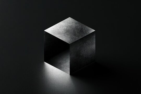 monochromatic cube casting shadow on dark textured surface, minimalist abstract 3d render for backgrounds.