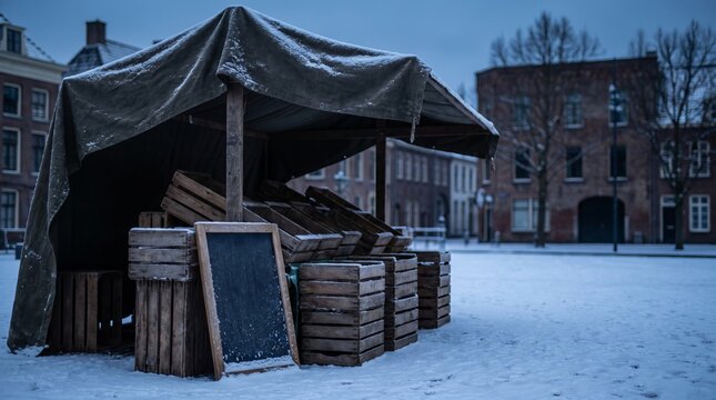Closed empty farmers market stall with wooden crate and chalkboard sign covered in snow under canvas canopy in winter city square. Quiet seasonal blue hour atmosphere and off season concept