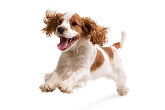 Cute funny english cocker spaniel puppy dog running isolated on white background looking happy.