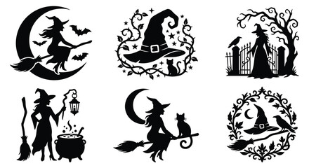 Fototapeta premium Witch and halloween elements depicted as a black silhouette