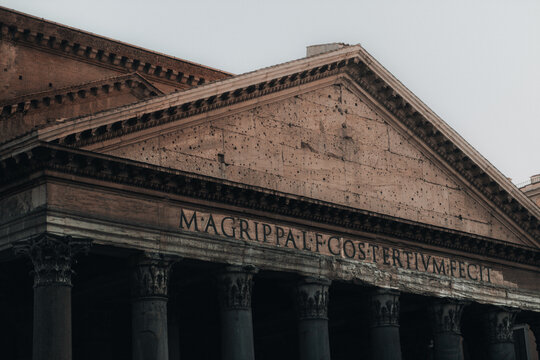 Ancient Roman Temple Pediment with Latin Inscription and Granite Columns