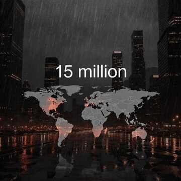 15 million people affected by global flooding. World map overlay on flooded city skyline at night shows 15 million people affected by flooding globally.