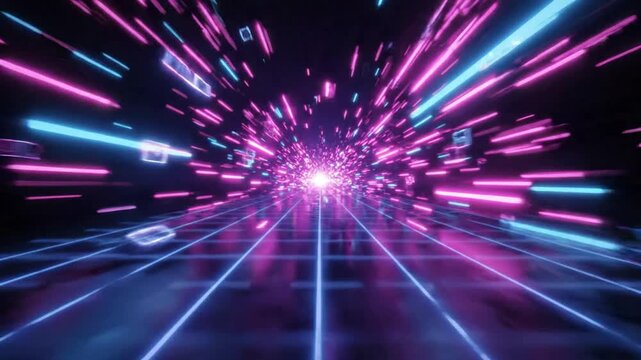 Neon cyberpunk warp speed tunnel, digital data flow background, futuristic synthwave motion