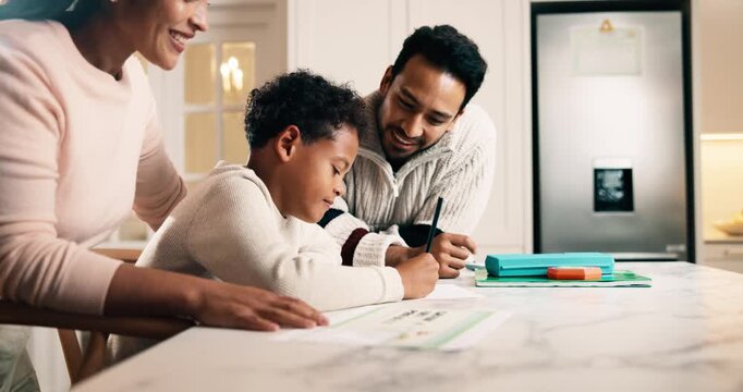 Child, education and homework with parents in home, learn and writing assignment with smile or help. Family, study and people with son, happy and advice for academic growth and knowledge in house