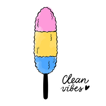 Vector clip art of feather duster with colorful watercolor stains. Minimalist illustration of household cleaning accessory for poster, web, services, apps, or print. 
