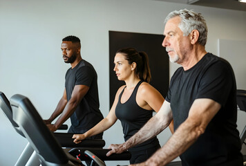 Fototapeta premium Inclusive fitness and healthy aging, diverse group of people exercising on treadmills in a modern gym for cardiovascular health and wellness training