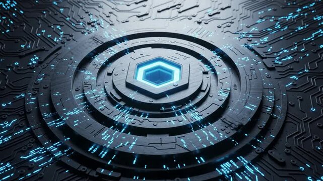 Futuristic hexagonal processor core with glowing blue data streams and circuit board background technology