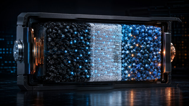 Cutaway lithium-ion battery showing a graphite anode, porous separator, crystalline cathode and glowing ion movement during discharge, futuristic energy storage technology.