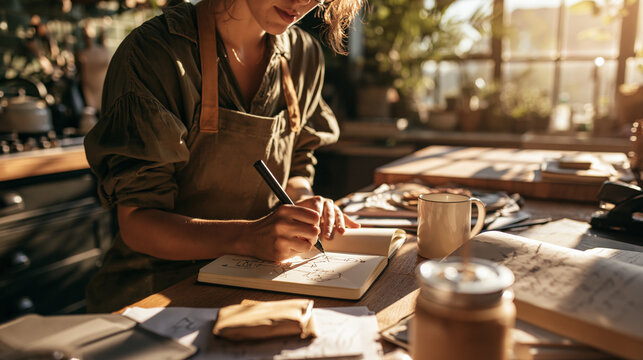 Creative Work and Planning: A woman focused on her craft, journaling and planning in a sunlit studio, surrounded by inspiration and tools of her trade.