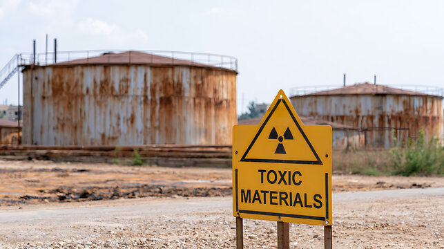 Industrial zone with large rusty metal storage tanks and yellow warning sign about toxic material danger in an abandoned desolate landscape