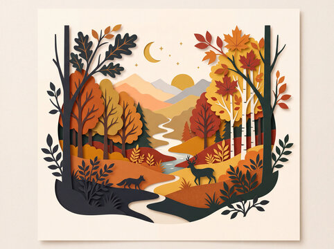 Layered Paper Cut Art of Autumn Landscape with Mountains River and Wildlife