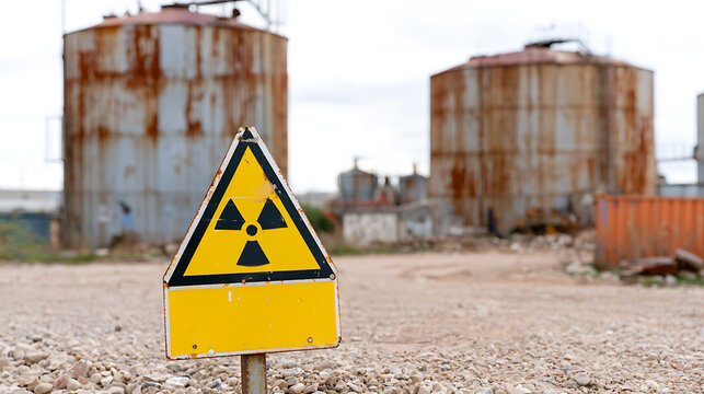 A prominent yellow radioactive symbol sign stands in the foreground of an industrial site featuring large rusty metal storage tanks