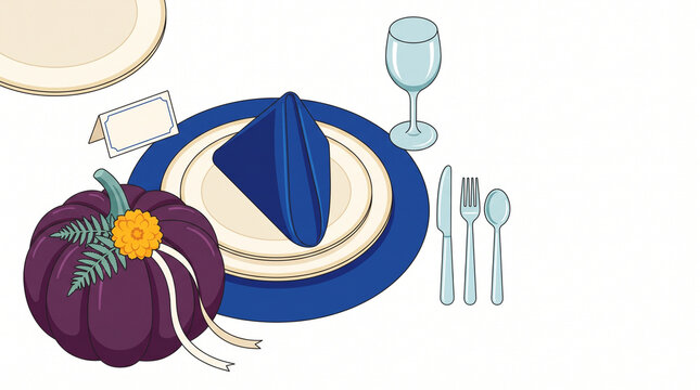 Table setting with pumpkin centerpiece and elegant dishware  