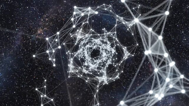 Abstract network of glowing nodes and lines pulsating in a dark cosmic tunnel with ethereal light