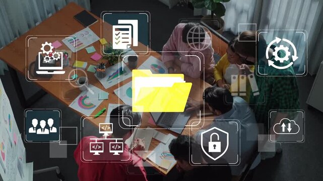 Business Meeting with Digital Icons Representing Data Analysis Strategies and Collaboration Concepts in Modern Office Environment. Entropy.
