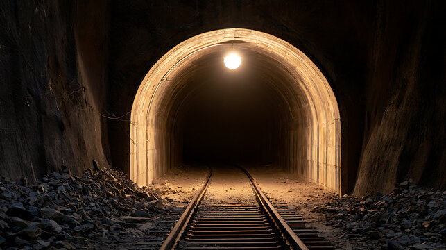 Dark underground railway tunnel with iron tracks and bright overhead electric light bulb shining in gloomy stone archway infrastructure scene