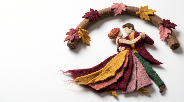 Felt couple dancing under a decorative arch with autumn leaves  
