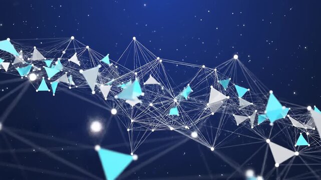 Abstract network of luminous triangles and nodes in motion against a deep blue cosmic background