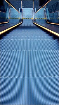 Empty moving escalator or moving staircase without people in top down view perspective shows comfortable transport of passengers in urban cities, airports, train stations and shopping malls. Escalator
