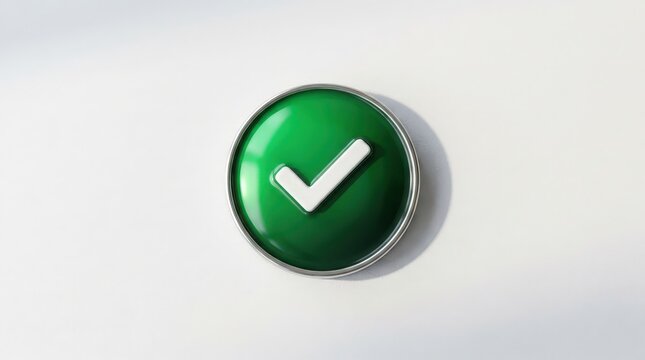 Green glossy circular button with white checkmark icon symbolizing approval, success, confirmation, agreement, validation, verification on a plain white background