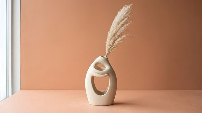 Beige ceramic abstract hug vase containing soft pampas grass plumes captured with natural side lighting in a minimalist home setting