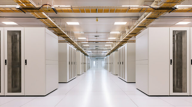 Modern secure server room interior with rows of white computer racks, overhead cable trays, and bright lights for cloud infrastructure data