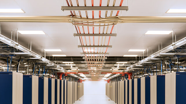 Modern server room interior with organized overhead cable trays and computer rack equipment rows in a large data center facility background