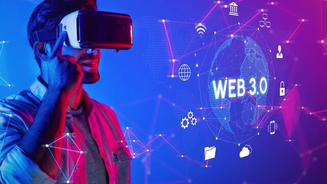 Person Using Virtual Reality Headset, Exploring Web 3.0 Technology with Global Digital Connections and Security Symbols in Vibrant Background. Entropy.