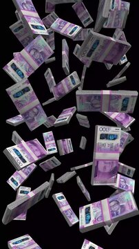 Vertical Gibraltar Money, Falling Gibraltar Pound Bills Black Background, Premium Offshore Finance Cash Stacks, 4K