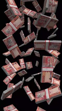 Vertical Gambia Money, Falling Gambian Dalasi Bills Black Background, Premium West Africa Banjul Finance Cash Stacks, 4K
