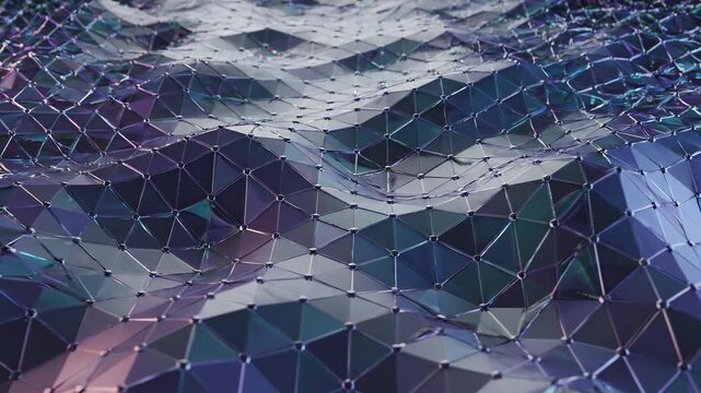 Abstract Wireframe Terrain Waves flowing with subtle color shifts during dynamic camera movement