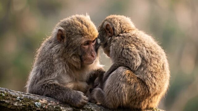 two macaques close up at morning light in southeast asian tropical forest video