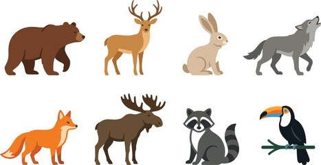 Obraz premium Set of wild animals including bear deer rabbit wolf fox moose raccoon and toucan isolated on a transparent background