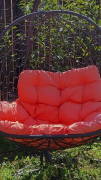 Swing chair in garden with bright cushion during sunny day