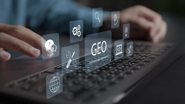 GEO Generative Engine Optimization concept. Person using laptop with AI search, neural network and ranking icons, AI search engine visibility and content optimization strategy.