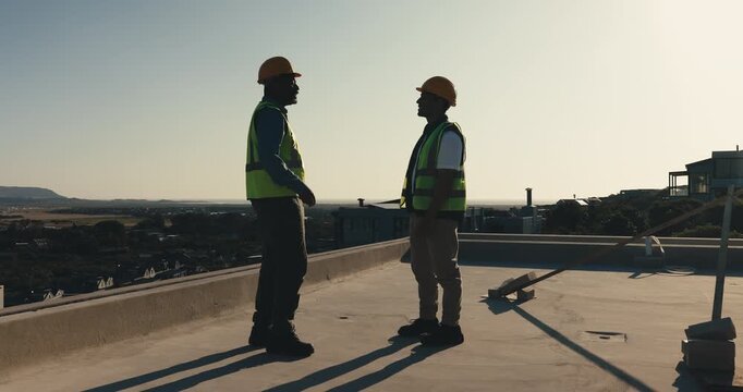 Team, men or fist bump on rooftop for construction progress, structural deck goal or job well done. Site foreman, mason or celebration for complete roof slab, topping out or building concrete finish