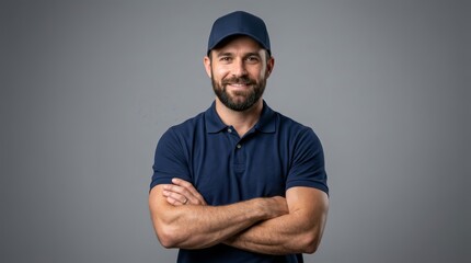 Fototapeta premium Confident bearded male worker in navy blue polo and cap standing with arms crossed.