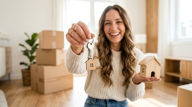 Smiling young woman holding new home keys with a wooden house keychain.